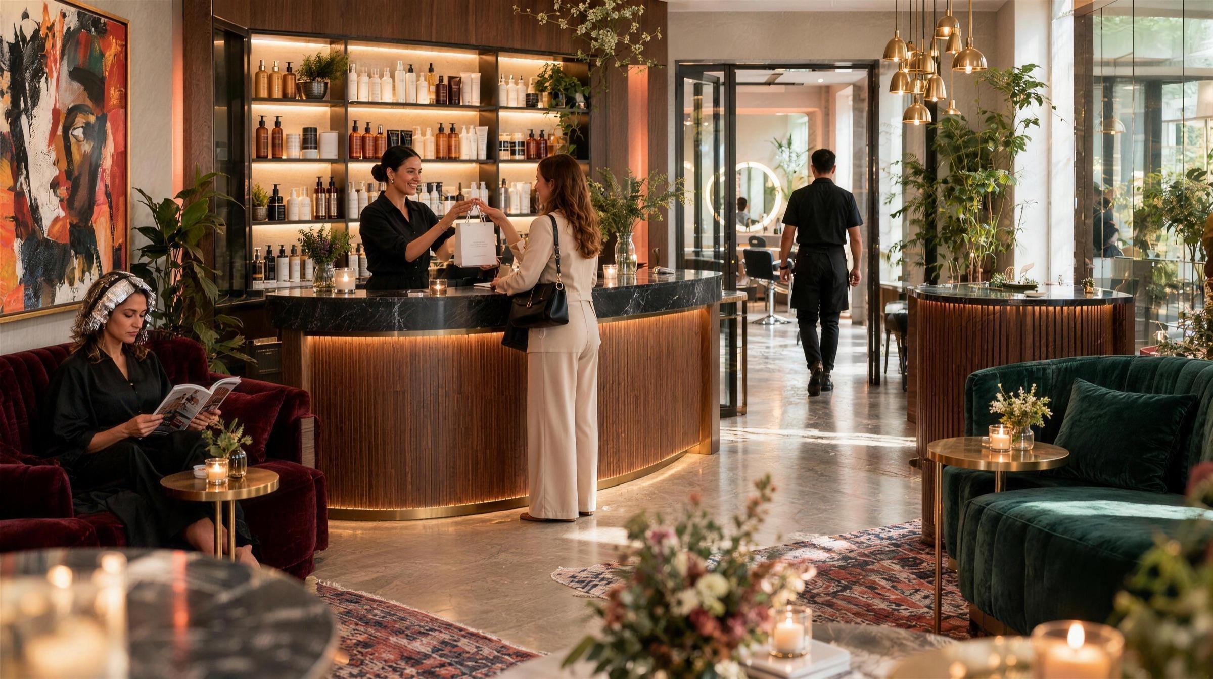 The lounge at midday: a client in color foils reads on a velvet sofa while the concierge hands a guest a small shopping bag at the product bar.