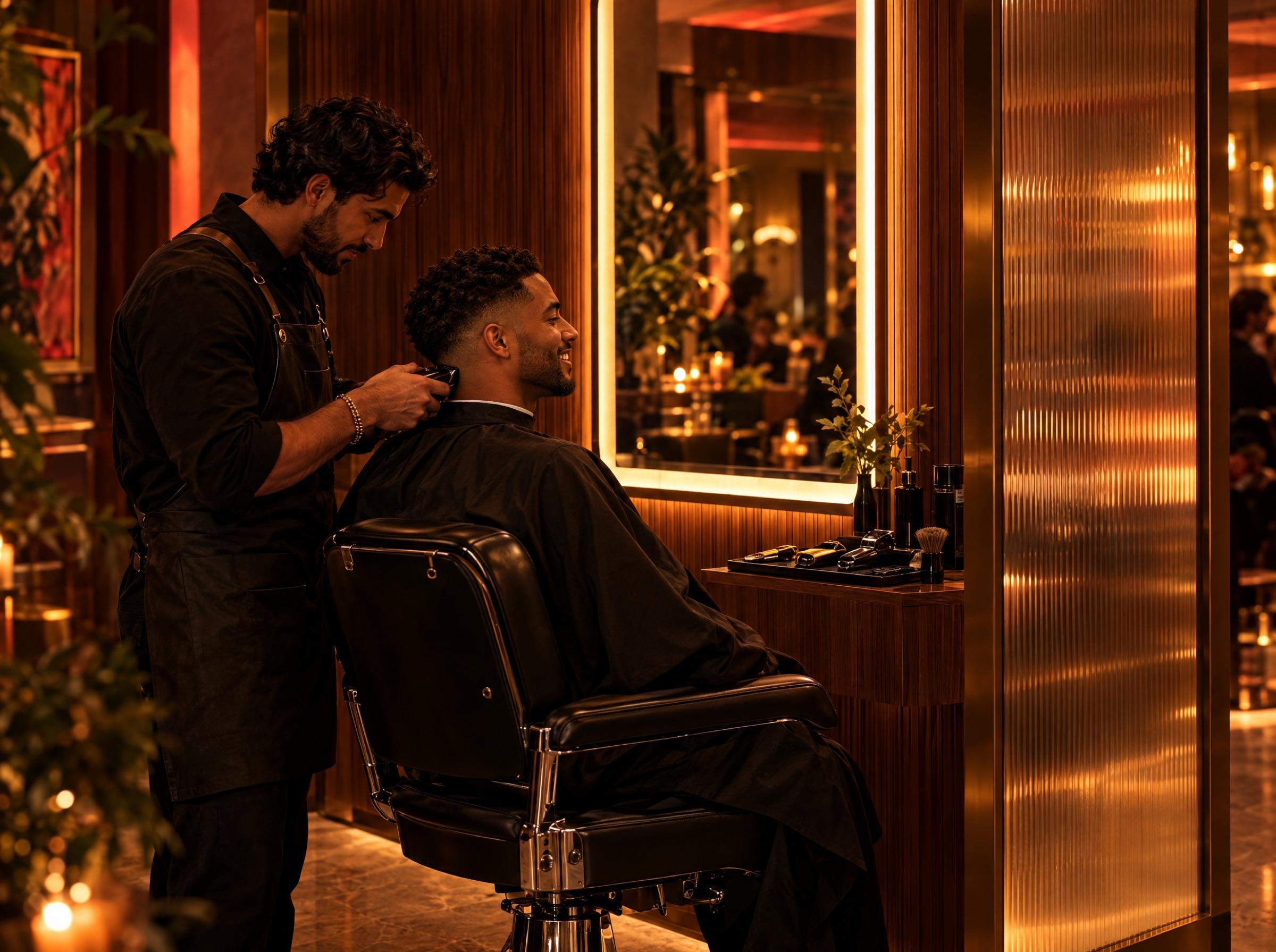 Inside a Main Stage bay: a barber finishes a taper fade on a smiling client, warm light glowing through the reeded-glass partition.