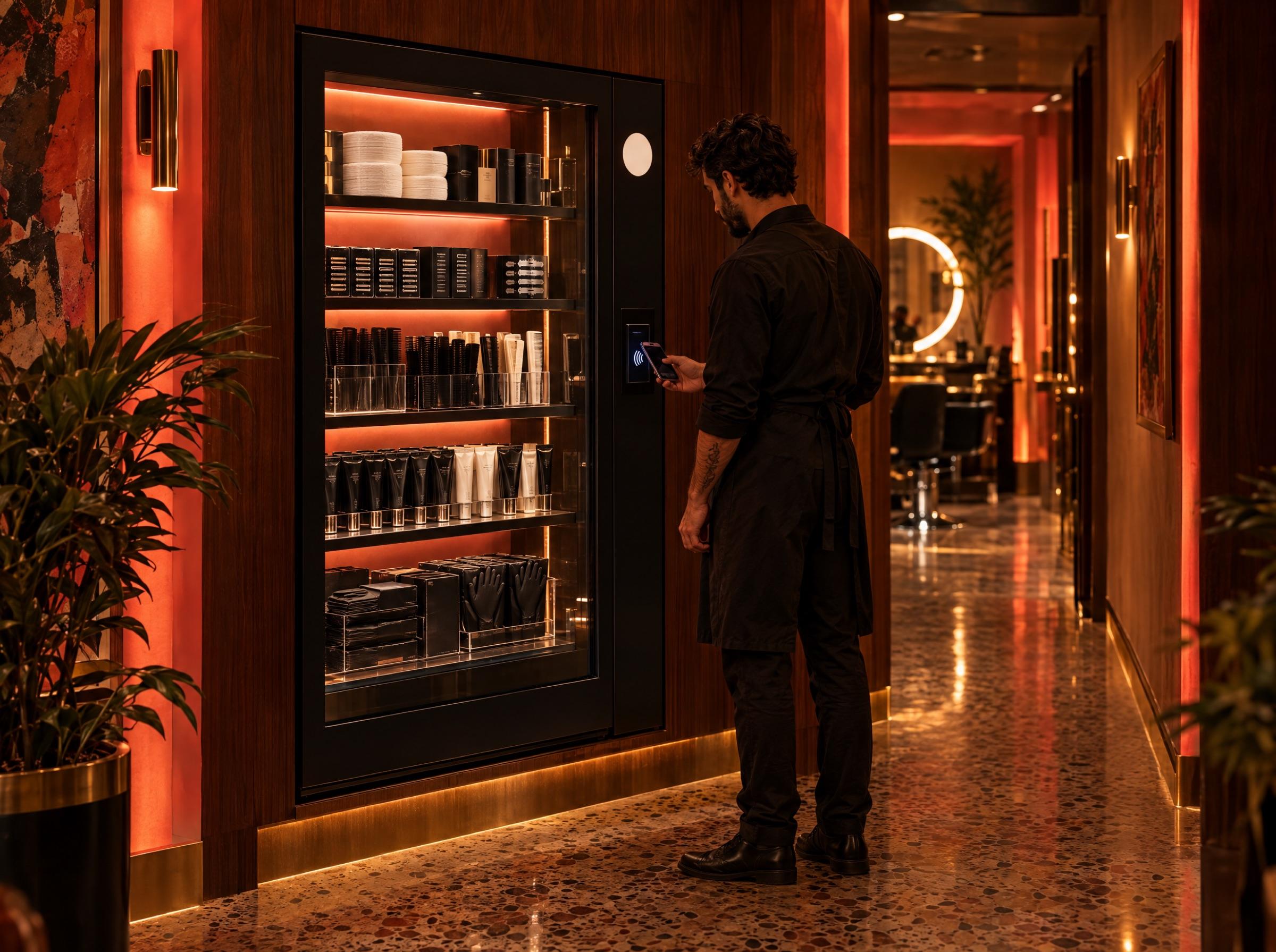 The Prop Room: a black glass-front vending machine stocked with salon supplies in a coral-lit niche; a barber pays with a phone.