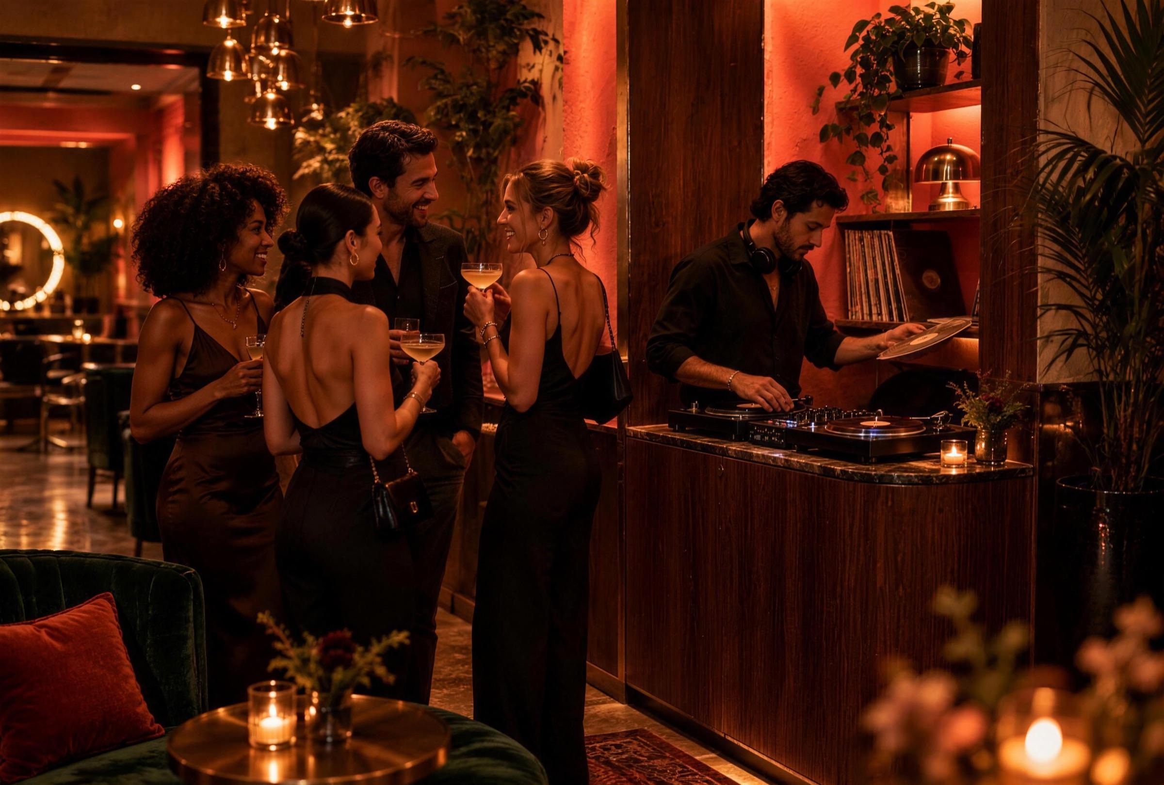 A DJ picks a record at a compact walnut console tucked into a corner of the lounge while a few friends talk nearby. Mood image; no performer is booked.