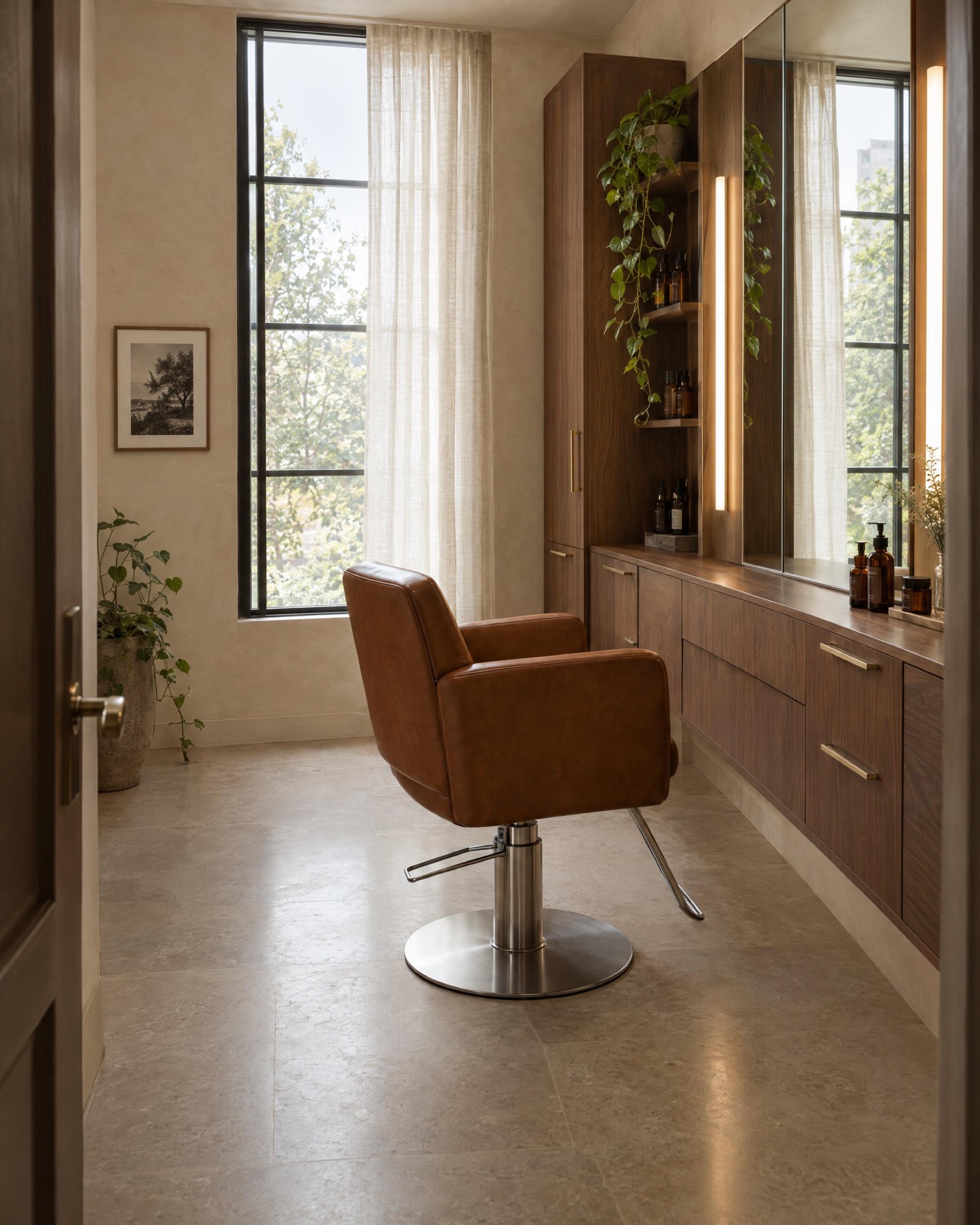 An empty compact private suite: cognac styling chair, full-height mirror with vertical task lights, walnut storage and a tall window.