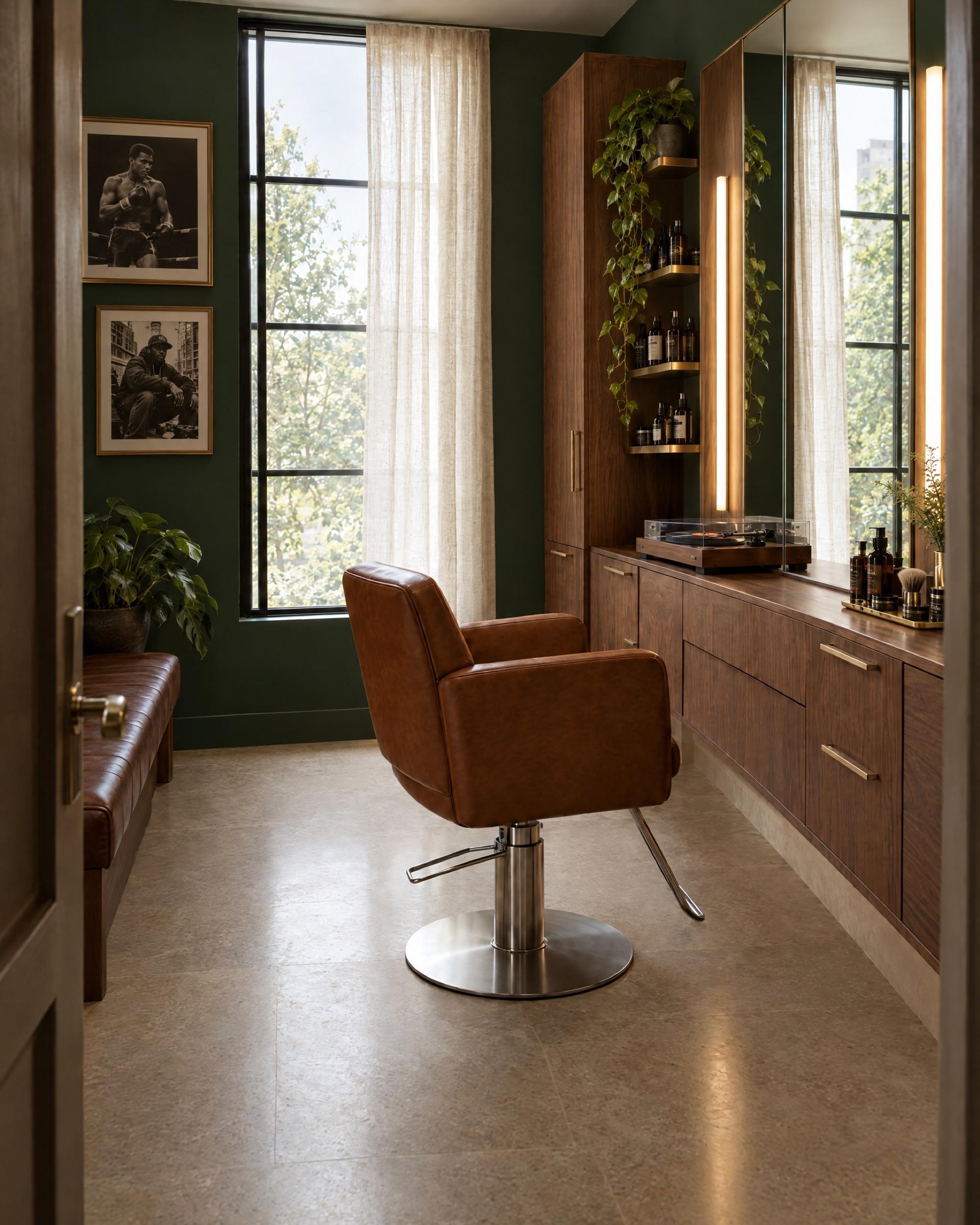 The same Studio personalized by a barber: forest-green accent wall, framed vintage photographs, a leather bench and a turntable. Shown with the optional window.