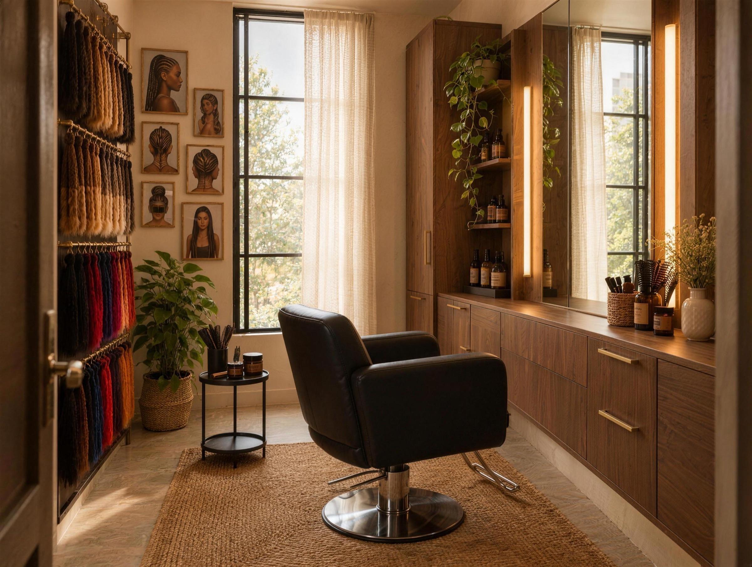 The same Studio personalized by a braider: a wall rack of braiding hair in natural and bold shades, a gallery of braid styles, a woven rug and a lowered chair. Shown with the optional window.