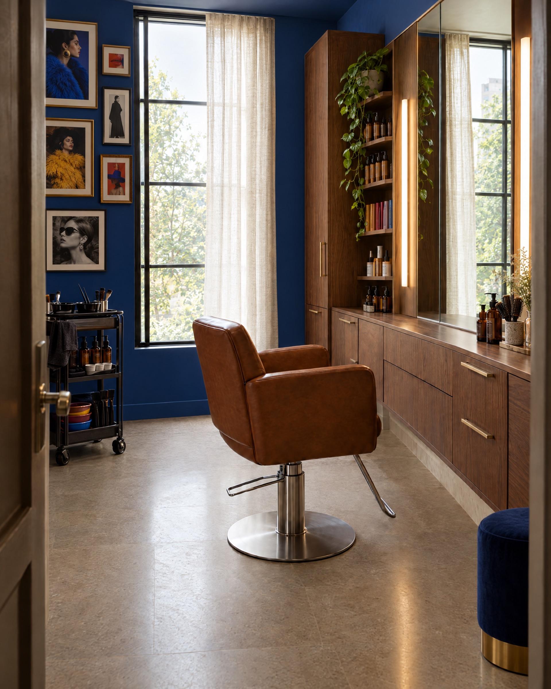 The same Studio personalized by a colorist: cobalt accent wall, a gallery of fashion prints, a rolling color cart and a retail shelf. Shown with the optional window.