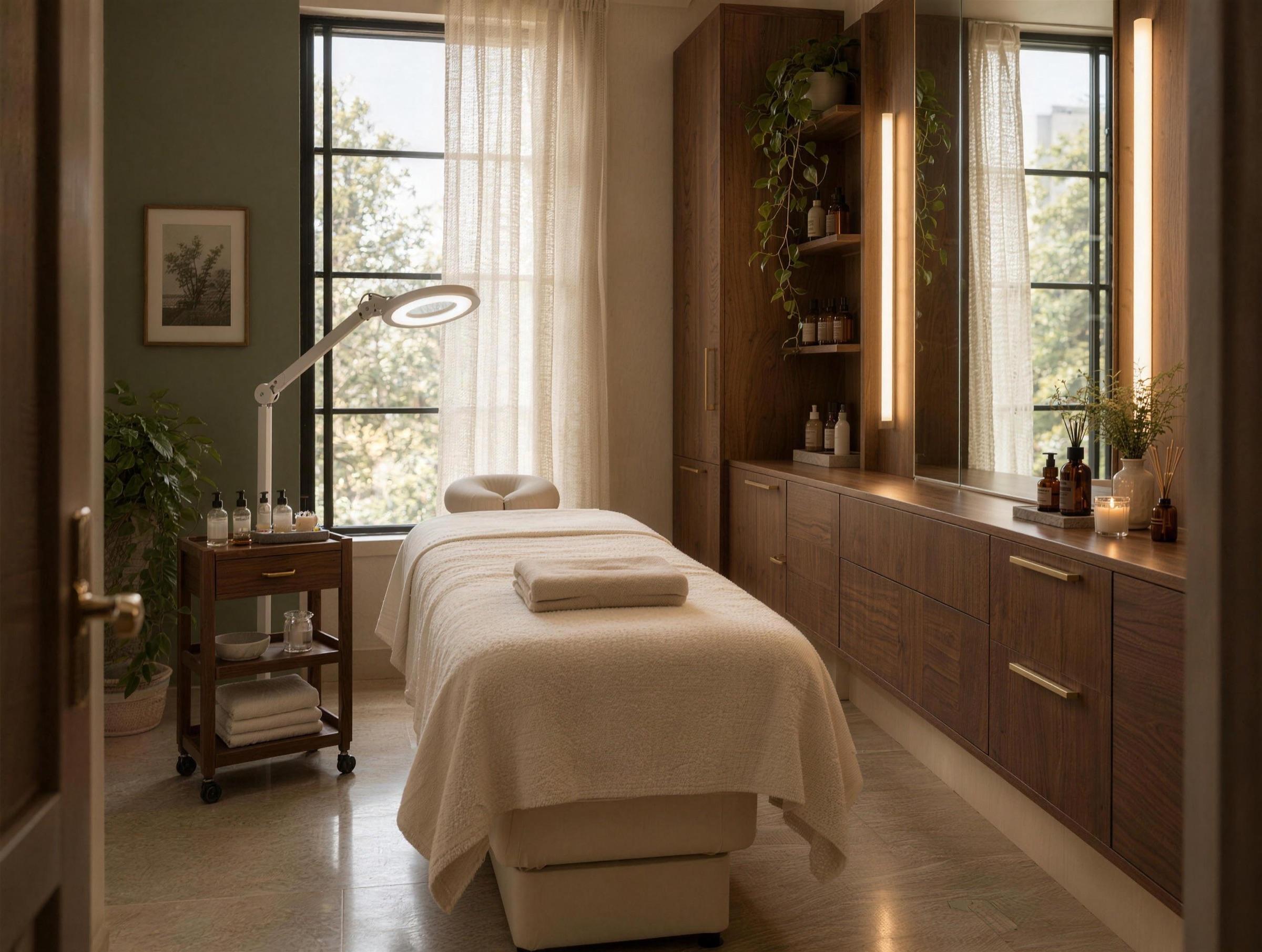 The same Studio personalized by an esthetician: a cream treatment bed, a magnifying lamp, a skincare trolley and a sage accent wall. Shown with the optional window.