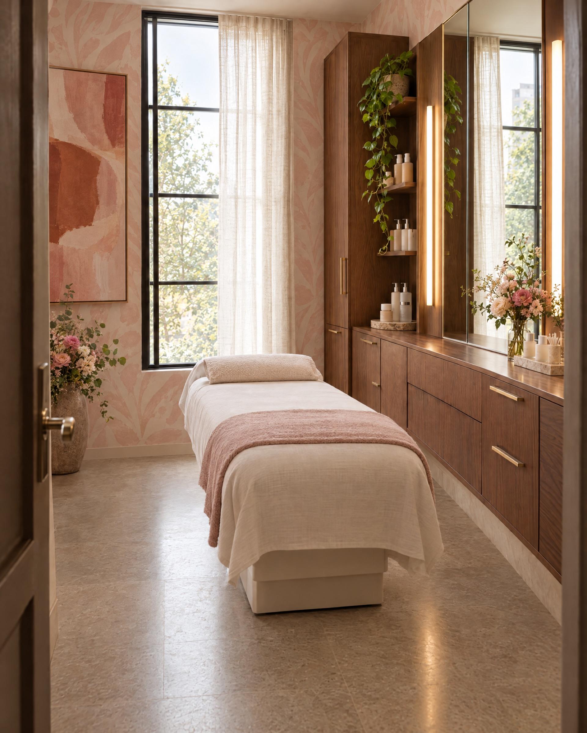 The same Studio personalized by a lash and brow artist: blush wallpaper panel, a treatment bed, an abstract canvas and fresh flowers. Shown with the optional window.