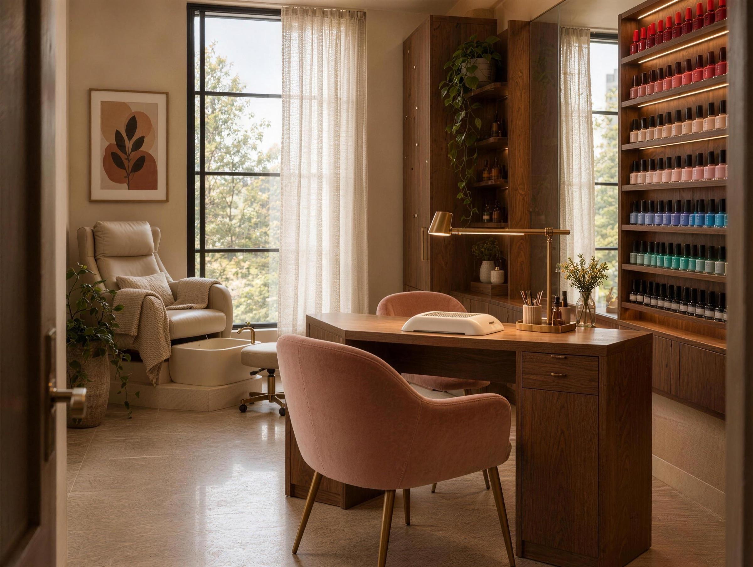 The same Studio personalized by a nail artist: a walnut manicure table with a task lamp, a blush velvet client chair, a pedicure chair and a wall of polish arranged by color. Shown with the optional window.
