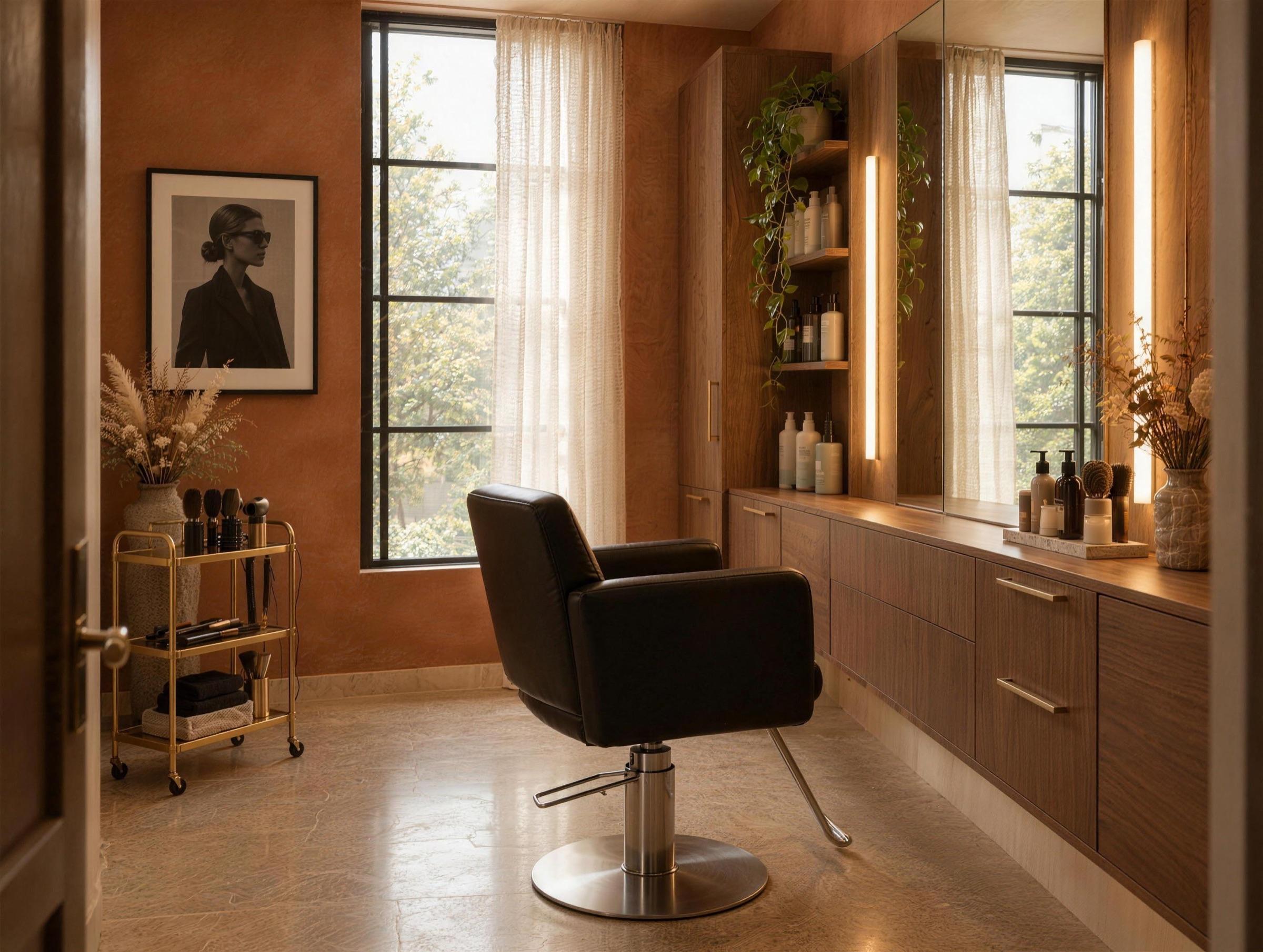 The same Studio personalized by a hairstylist: a terracotta limewash wall, a gold trolley of hot tools, a styling shelf and a framed fashion photograph. Shown with the optional window.