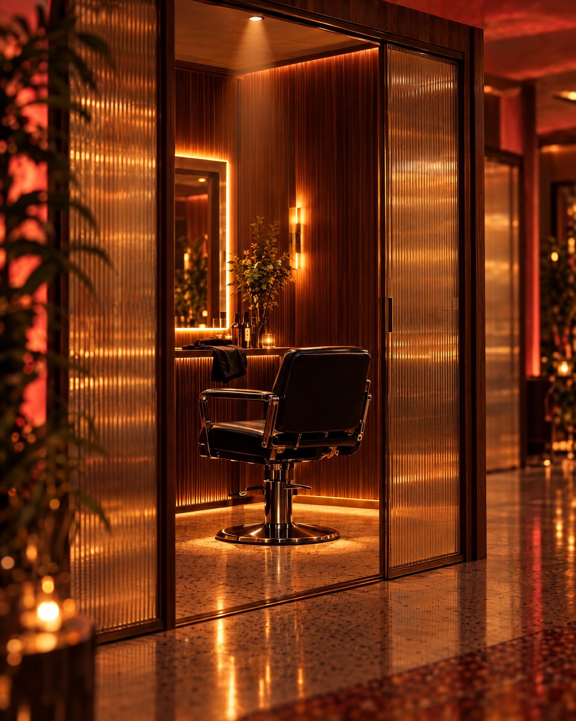 An empty styling chair in a reeded-glass Main Stage bay, lit by a single spotlight: a seat waiting for its artist.