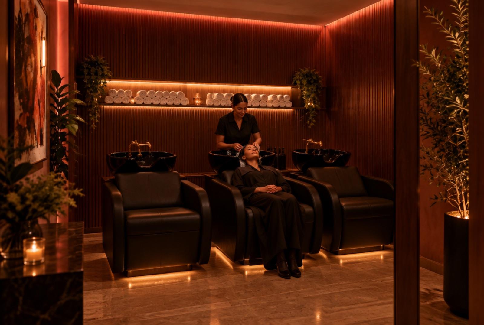 The Rinse: three black backwash bowls against a fluted walnut wall, a stylist rinsing a relaxed client, rolled towels on the shelf above.