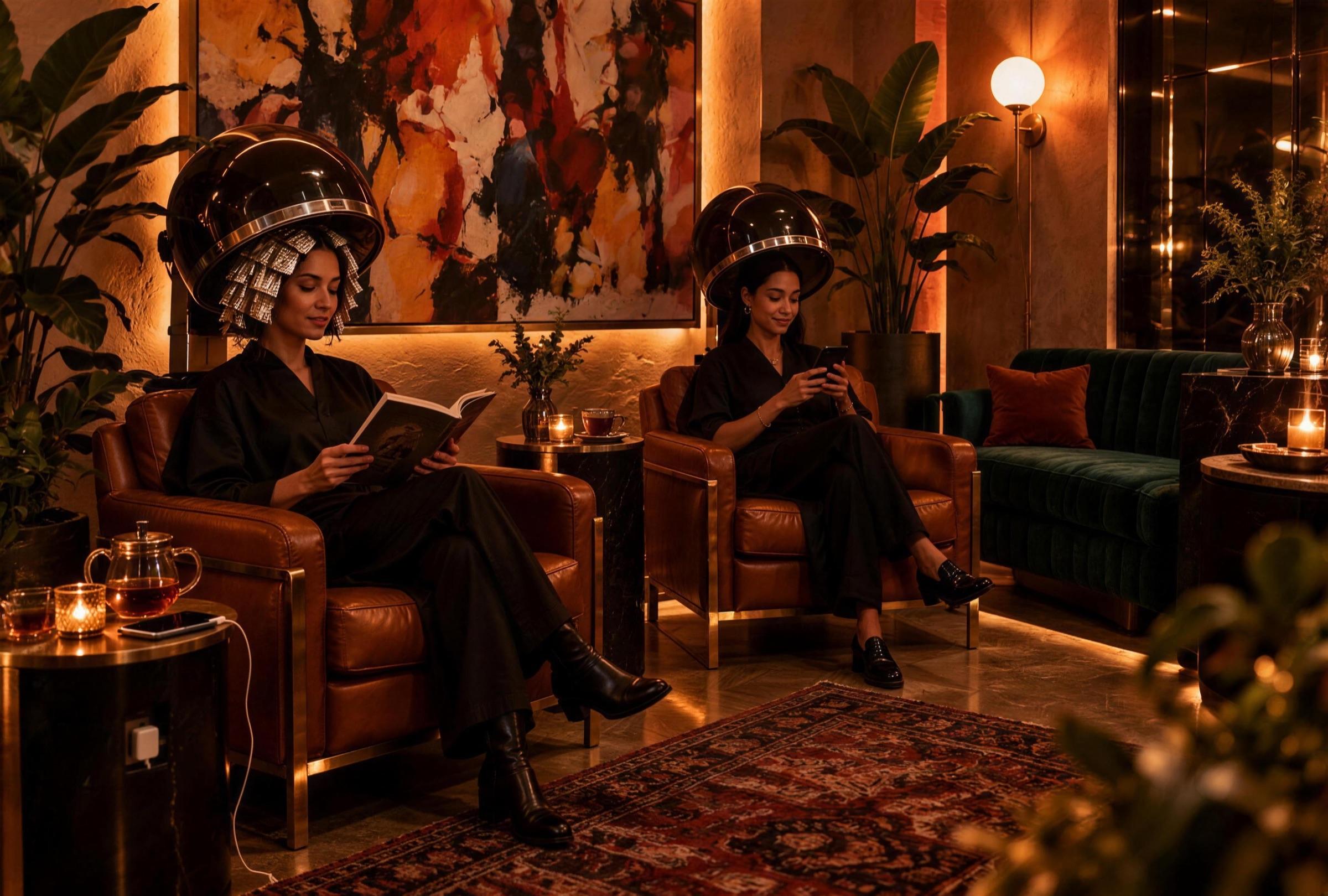 The Set: two clients relax in cognac leather chairs under hooded dryers, one reading while her color processes.