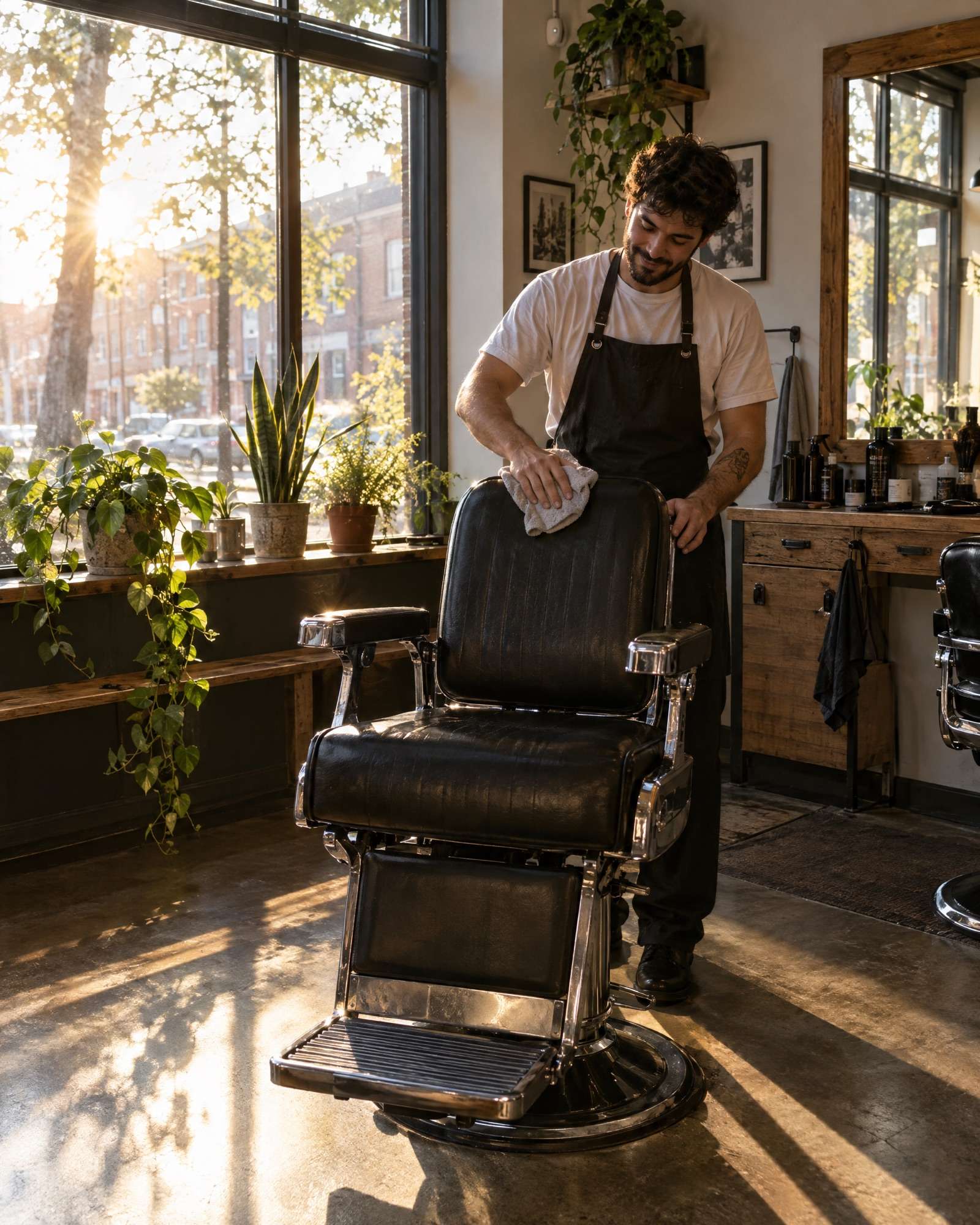 Morning sun across a small barbershop as a barber wipes down a black chair before opening.